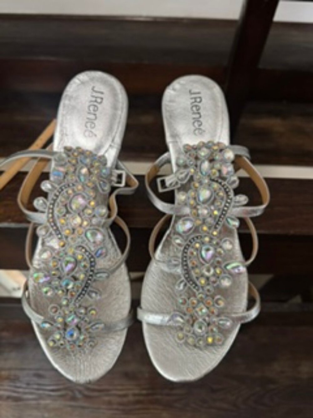 J.Reneé Silver Crystal Jeweled Ankle Strap Evening Sandals | Size 10.5